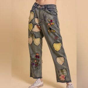 Blue Velvet NWT - Playful Heart Patch Embroidery Mix Denim Pants Size XL